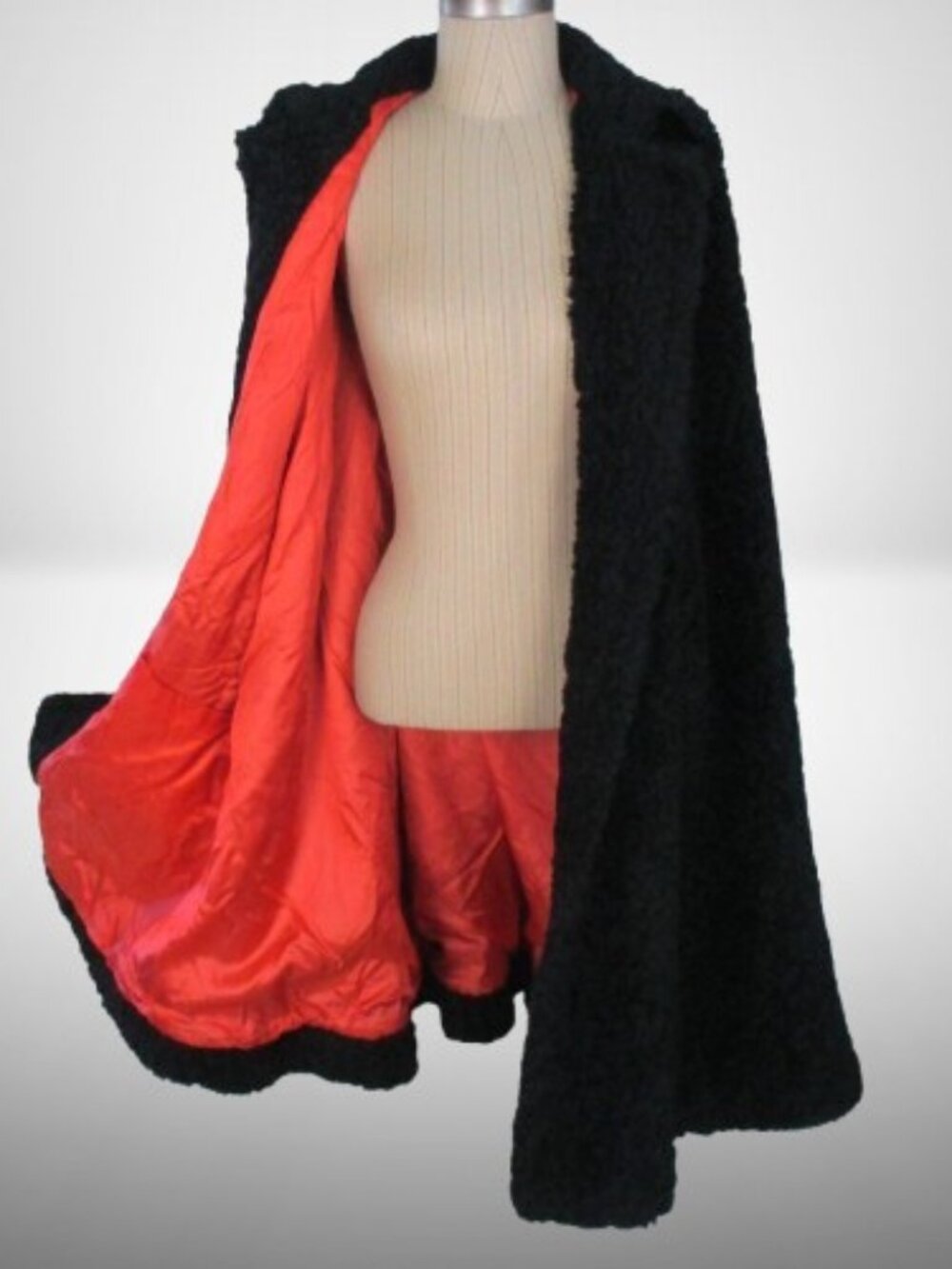 Wool Cape Vintage 1960s Made in England Black Bouclé Orange Lining Winter Opera